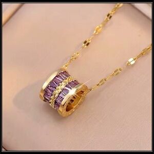NEW GOLD BAGUETTE SIMULATED PURPLE AMETHYST "BELOVED" LUCKY WHEEL NECKLACE